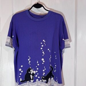 Vintage Purple T-Shirt with Cat Design Lace Screen print Tuxedo White Large